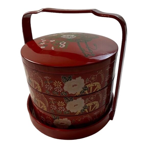 Vintage Retro Bento Box Red Enamel Floral  3 Pieces Lid and Holder - Picture 5 of 14